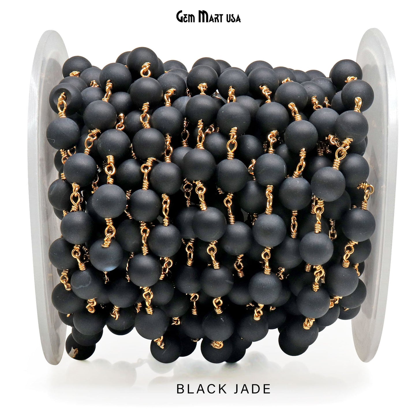 Dyed Jade Bead Cabochon Crystal Round Rosary Chain Gold Plating, 8-9mm, 1+ ft