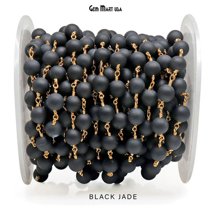 Dyed Jade Bead Cabochon Crystal Round Rosary Chain Gold Plating, 8-9mm, 1+ ft