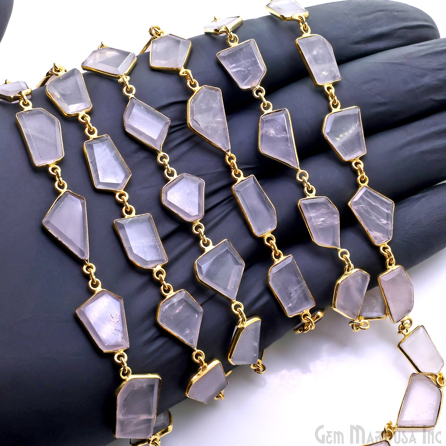 Rose Quartz 10-15mm Faceted Free Form Gold Plated Bezel Connector Link Chain