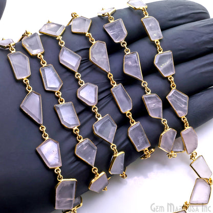 Rose Quartz 10-15mm Faceted Free Form Gold Plated Bezel Connector Link Chain