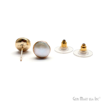 Natural Pearl Round Gemstone 10mm Gold Electroplated Stud Earring