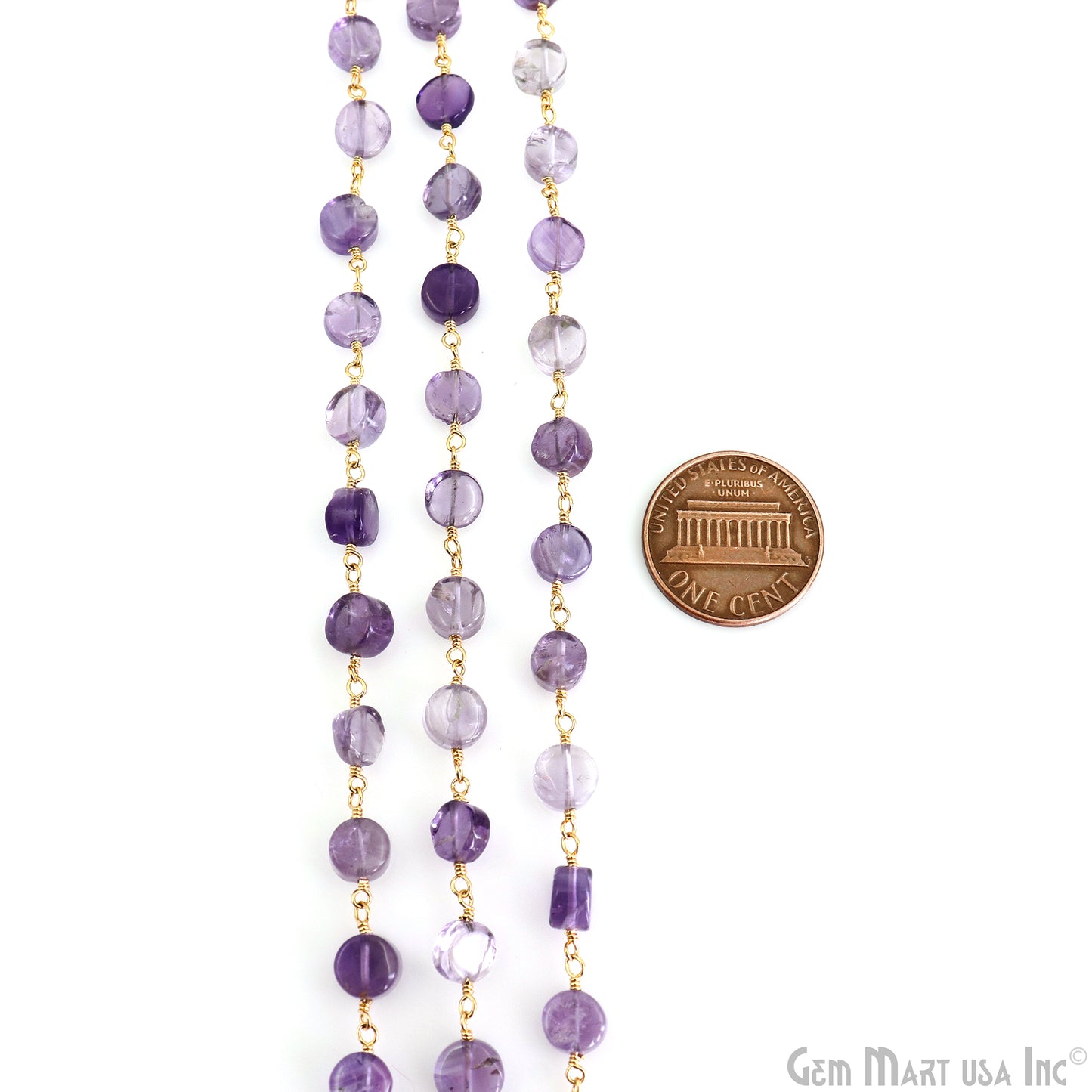 Amethyst Faceted Coin 6-7mm Gold Wire Wrapped Rosary Chain