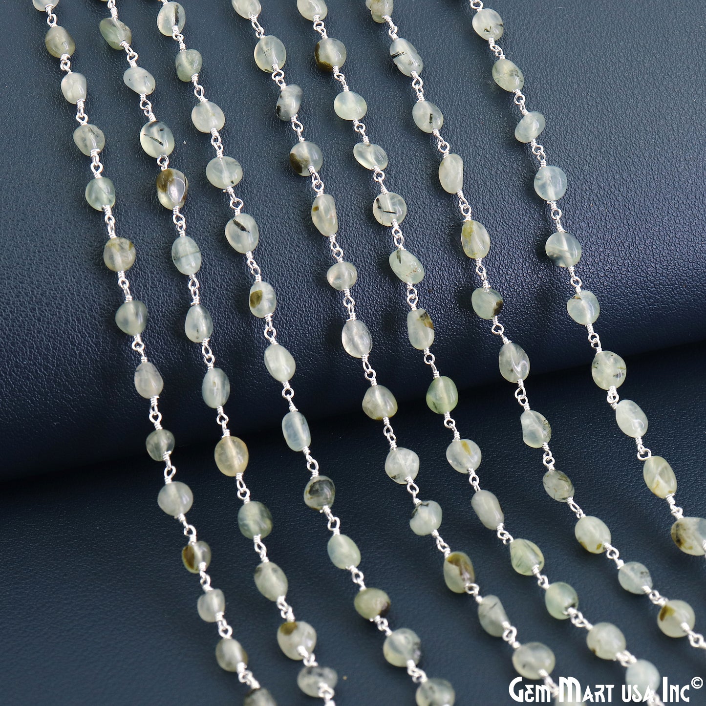 Green Rutile Tumble Beads 8x5mm Silver Wire Wrapped Rosary Chain