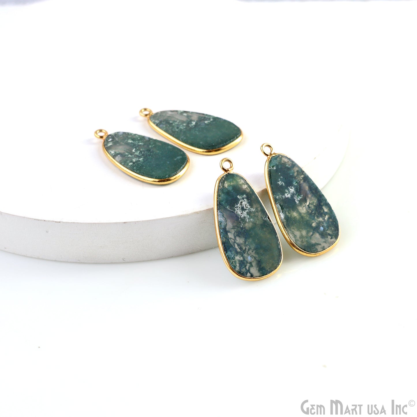 Moss Agate Pears Gold Plated Single Bail Bezel Smooth Slab Slice Thick Gemstone Connector 29x16mm 1 Pair