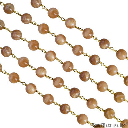 Multi Moonstone Cabochon 7-8mm Gold Wire Wrapped Beads Rosary Chain