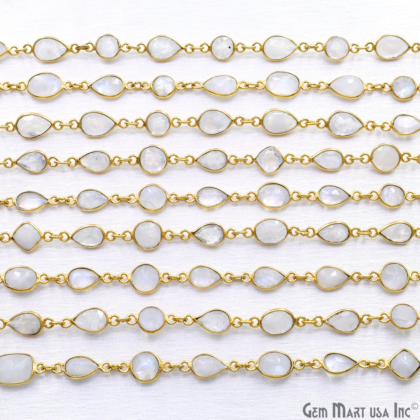 Rainbow Moonstone Below 10mm Gold Plated Bezel Continuous Connector Chain