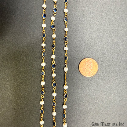 Sapphire & Pearl Beads Gold Plated Round Shape Bezel Link Continuous Connector Chain