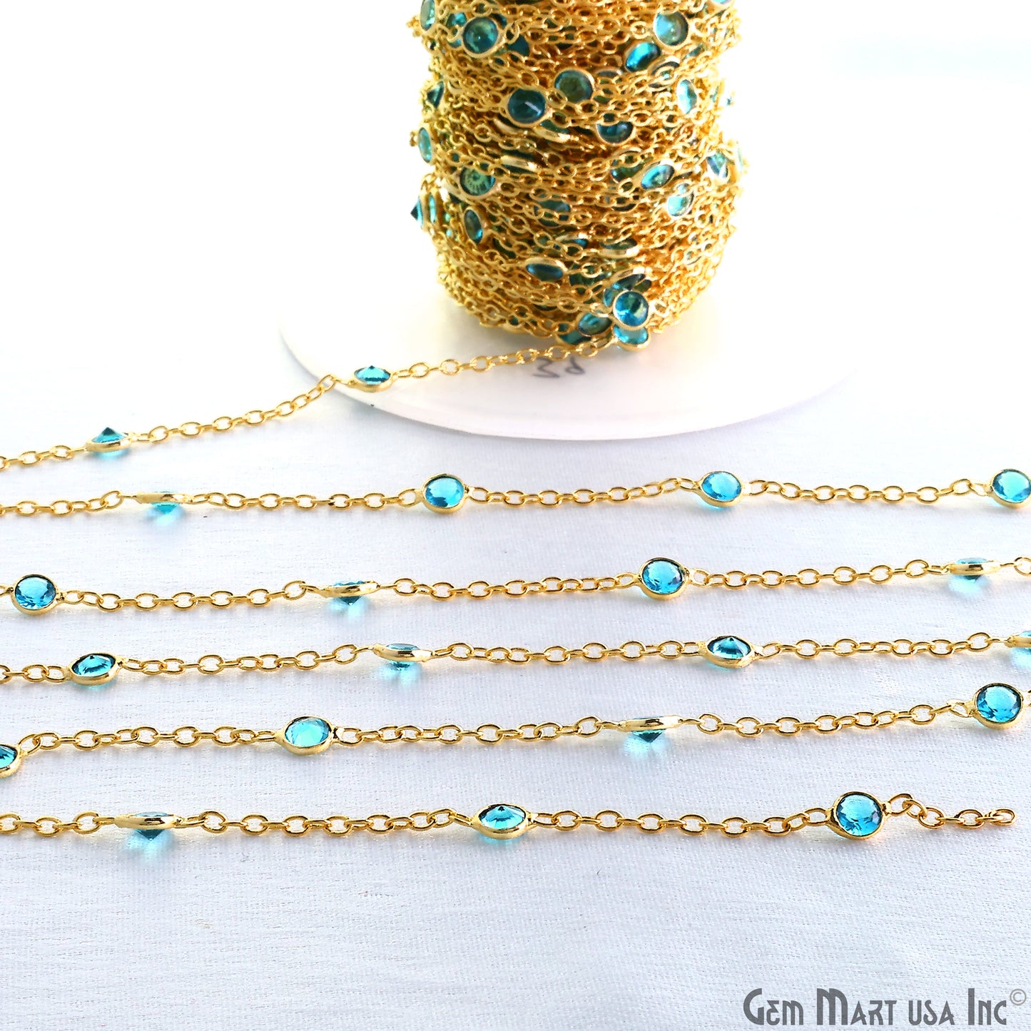 Swiss Blue Topaz Round 4mm Gold Plated Bezel Connector Rosary Chain
