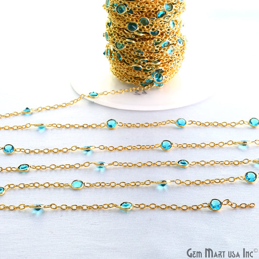 Swiss Blue Topaz Round 4mm Gold Plated Bezel Connector Rosary Chain