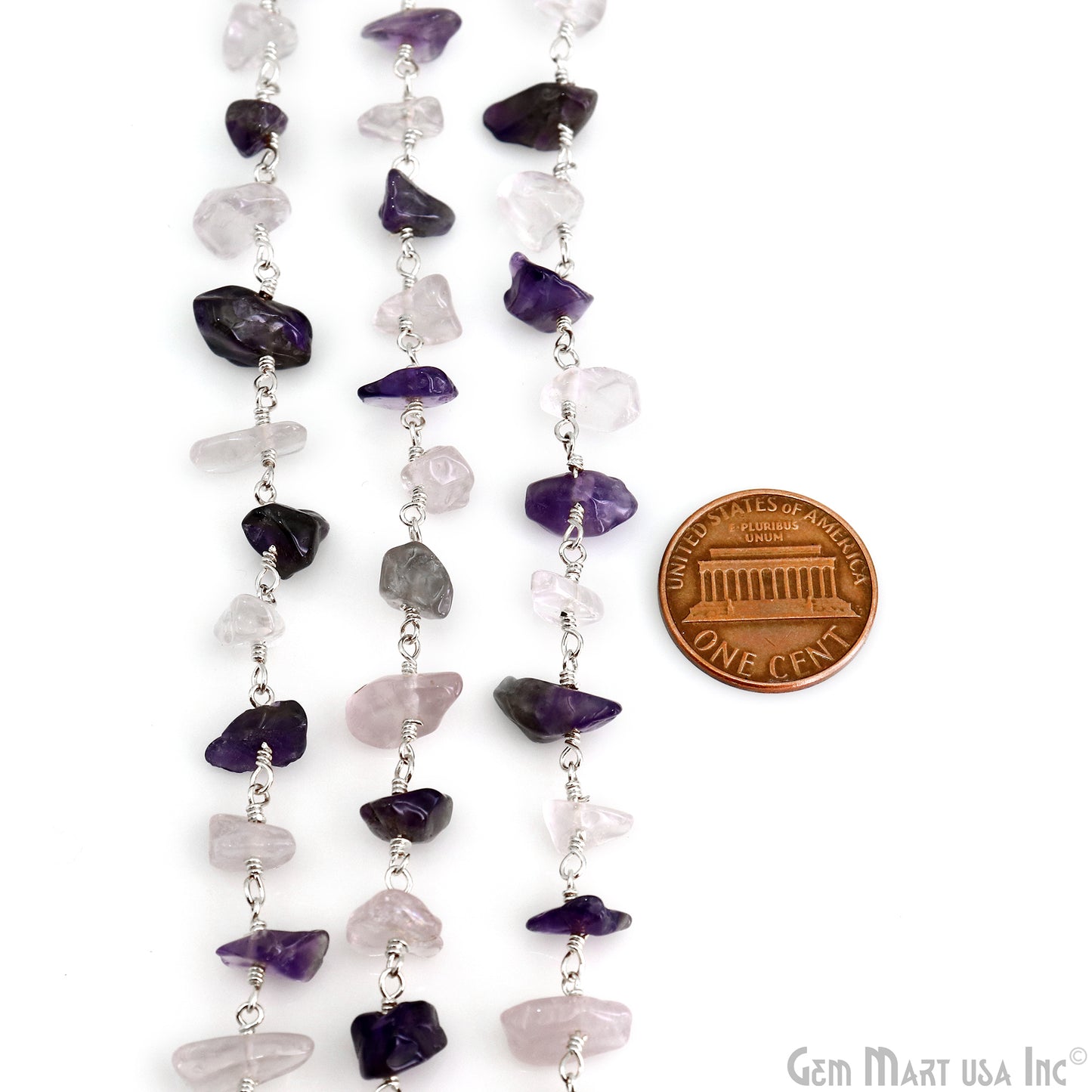 Amethyst & Rose Quartz  Nugget Chip 4-6mm Silver Wire Wrapped Rosary Chain