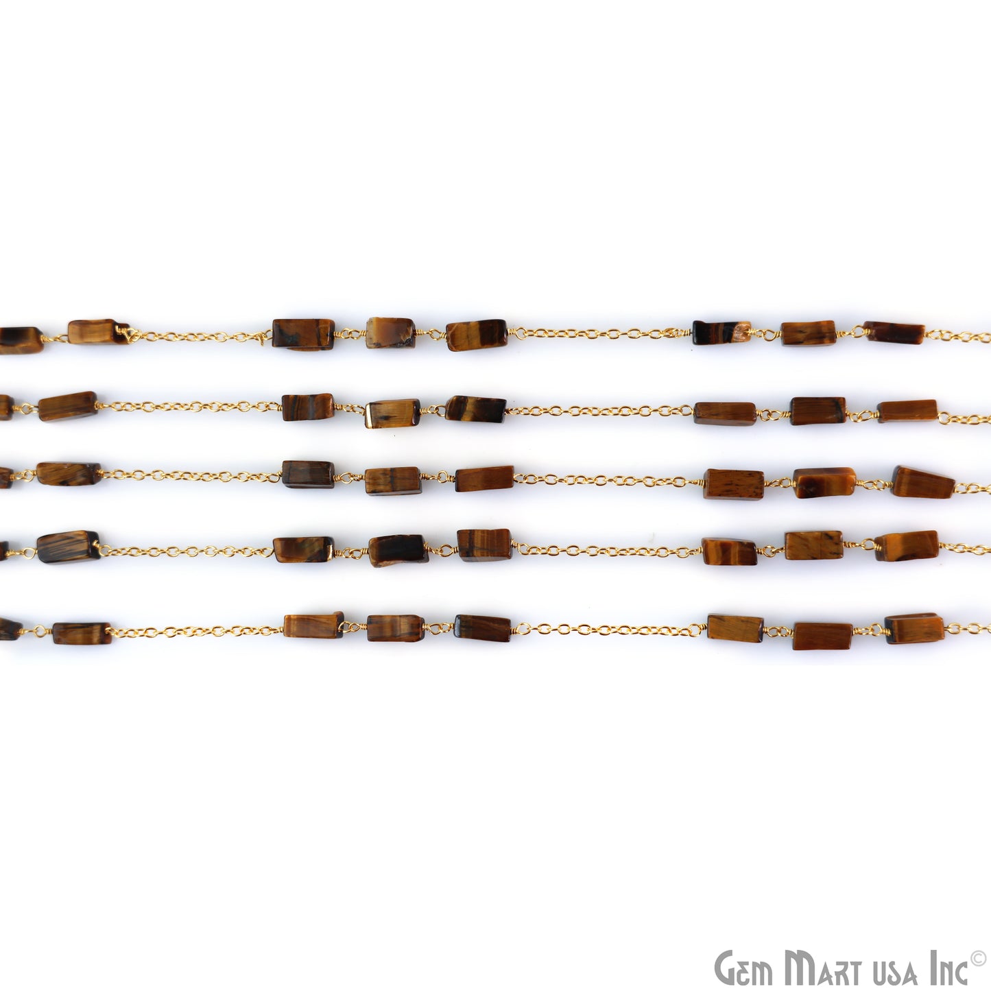 Tiger Eye 9x4mm Rectangle Beads Gold Plated Catholic Rosary Chain