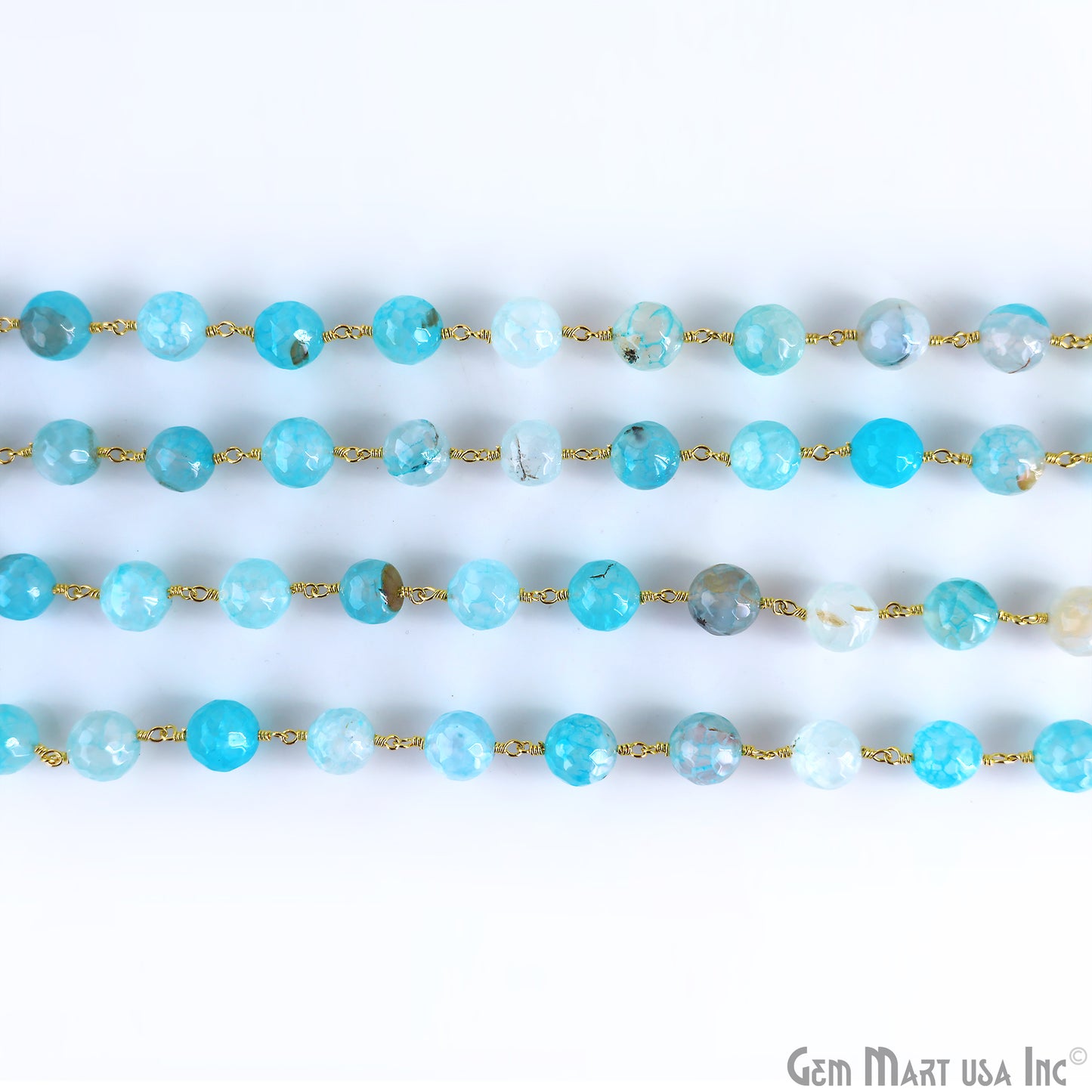 Sky Blue Banded Agate Jade Faceted Beads 10mm Gold Wire Wrapped Rosary Chain