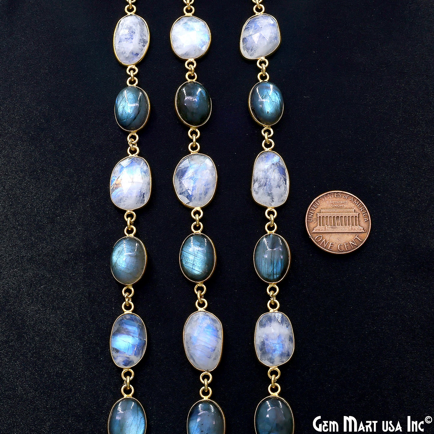 Rainbow Moonstone Faceted & Labradorite Oval 10-15mm Cabochon Bezel Link Connector Chain