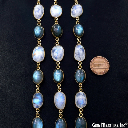 Rainbow Moonstone Faceted & Labradorite Oval 10-15mm Cabochon Bezel Link Connector Chain
