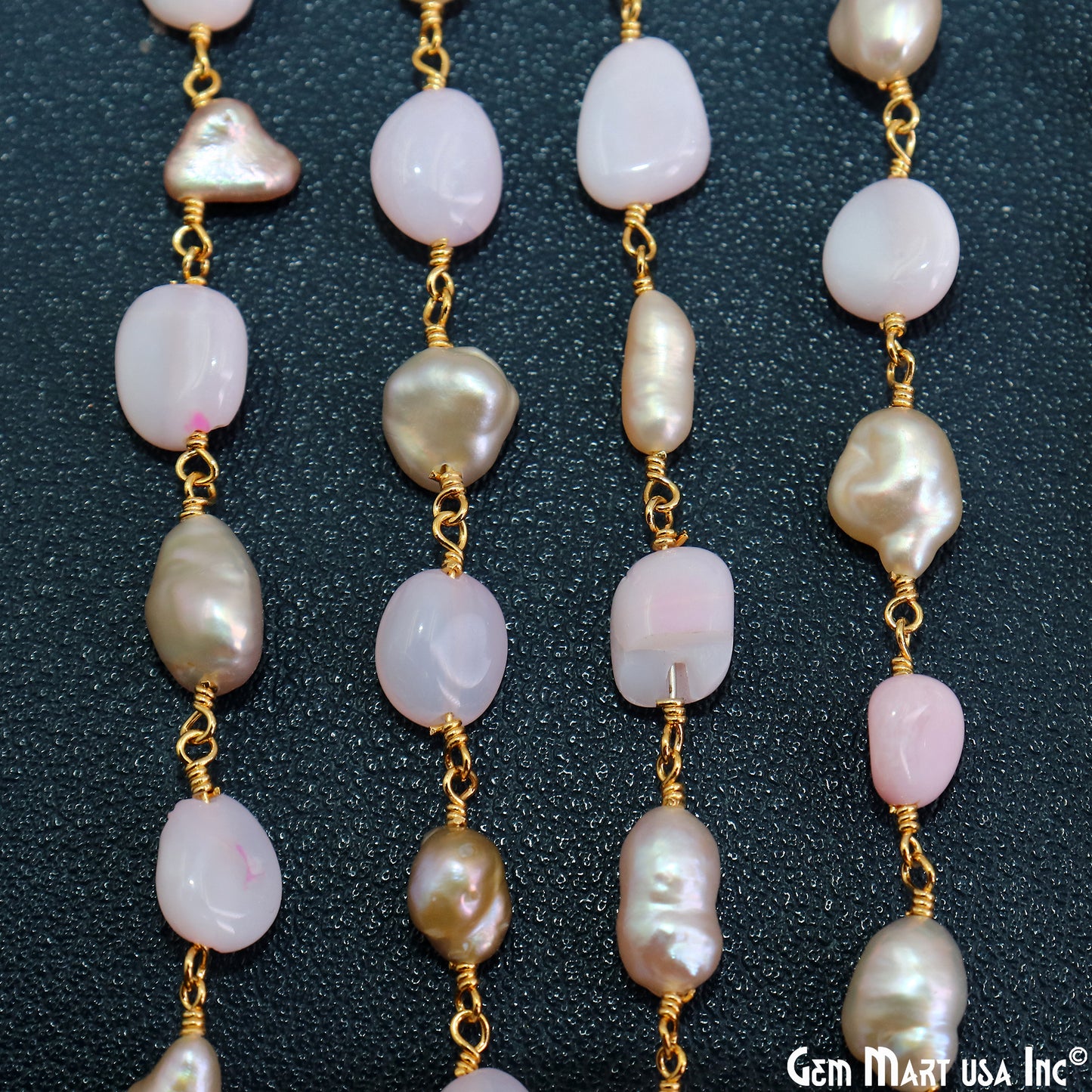 Pink Opal & Pink Pearl Tumbled Beads 10x6mm Gold Plated Wire Wrapped Rosary Chain