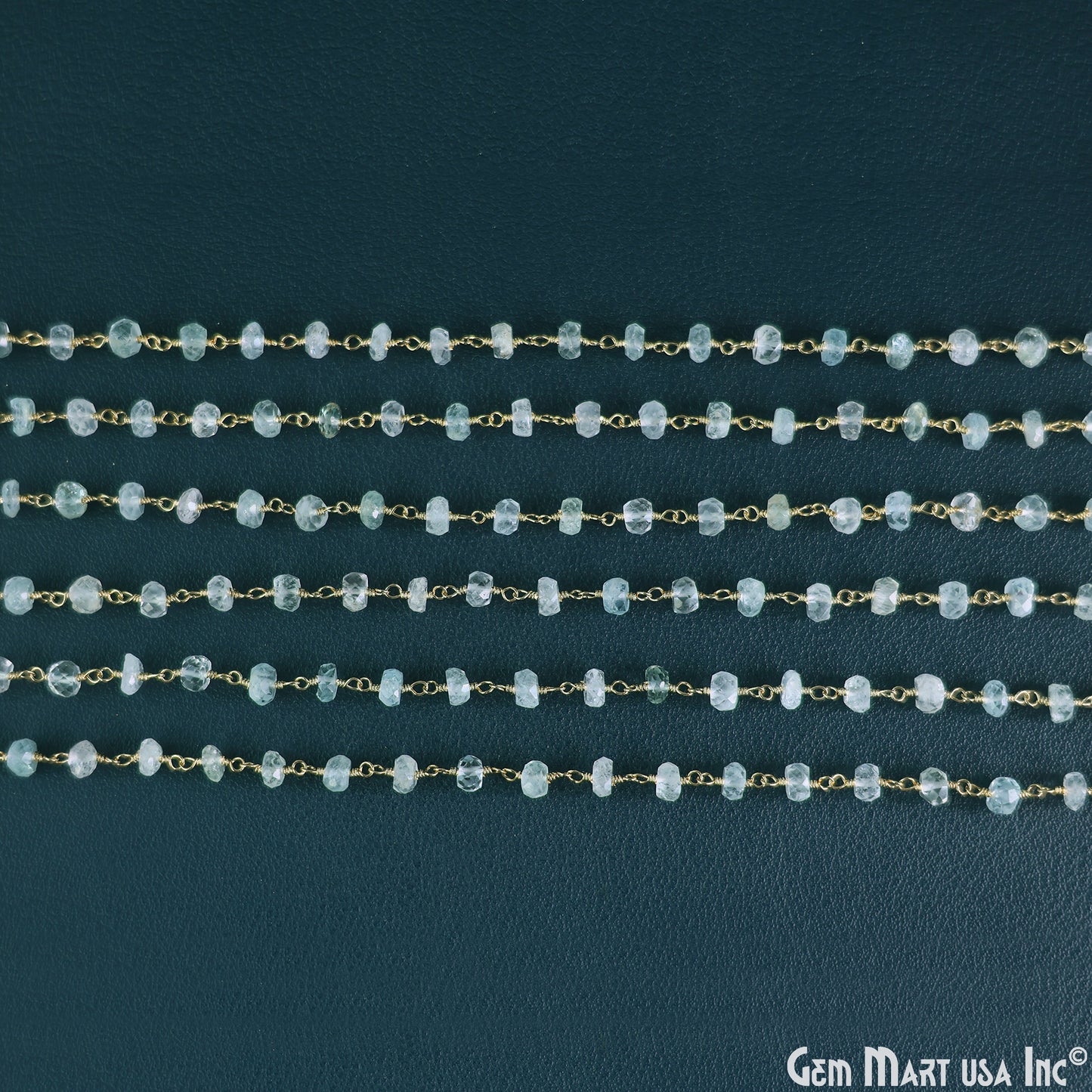 Aquamarine Faceted 5-6mm Gold Wire Wrapped Beads Rosary Chain