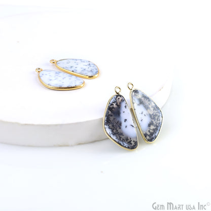 Dendrite Opal D Shape Gold Plated Single Bail Bezel Smooth Slab Slice Thick Gemstone Connector 30x17mm 1 Pair