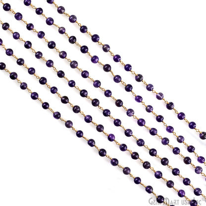 Amethyst 6mm Cabochon Beads Gold Wire Wrapped Rosary Chain