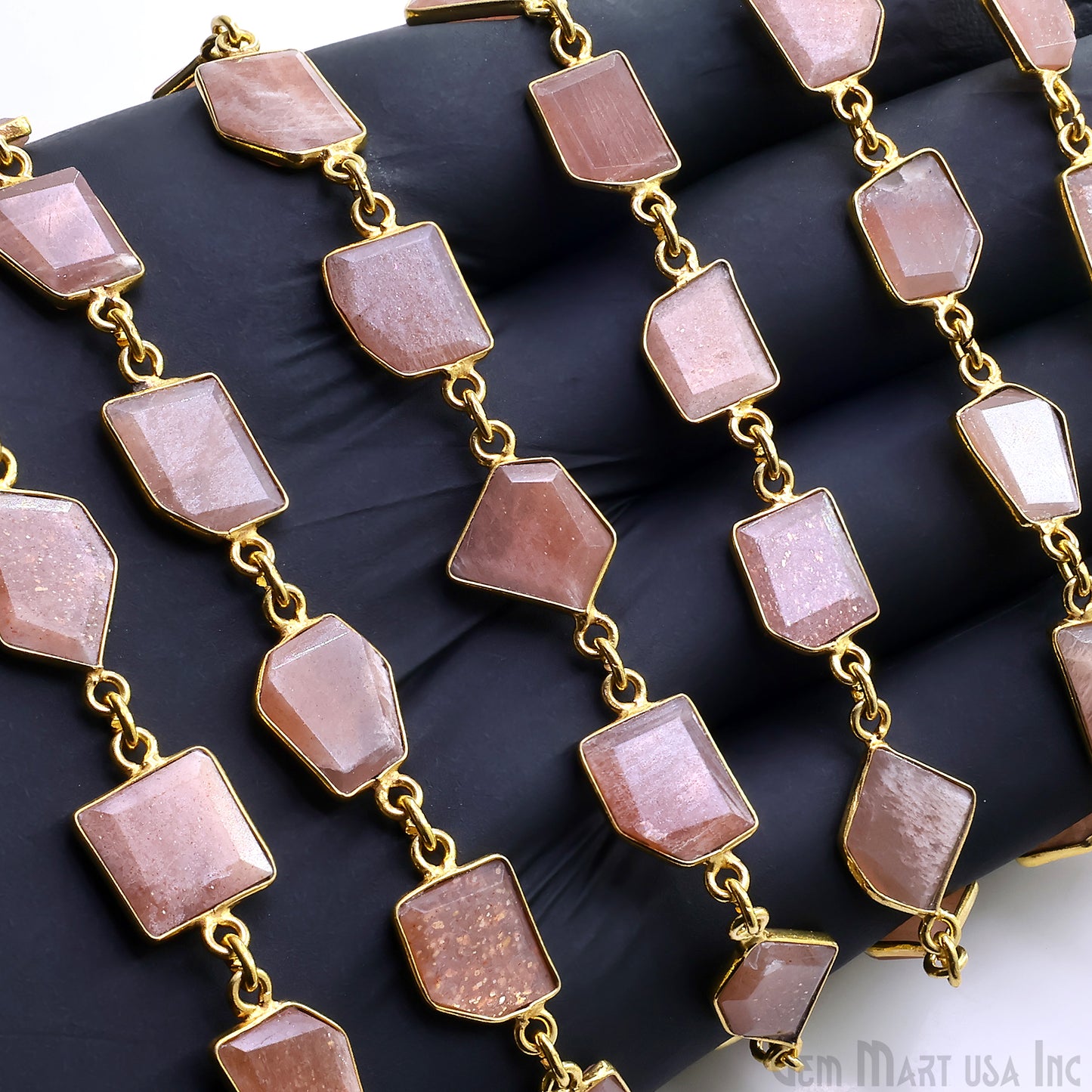 Peach Moonstone 10mm Faceted Free Form Gold Plated Bezel Connector Link Chain