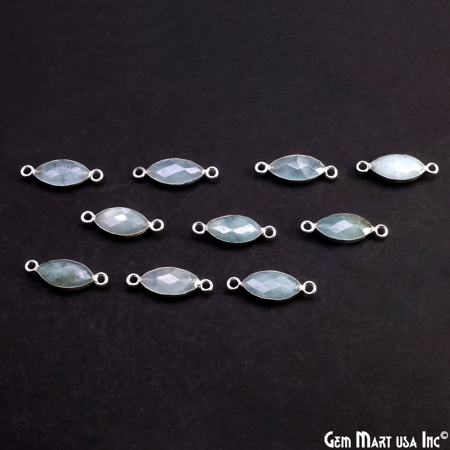 Aquamarine 8x16mm Marquise Double Bail Silver Electroplated Gemstone Connector