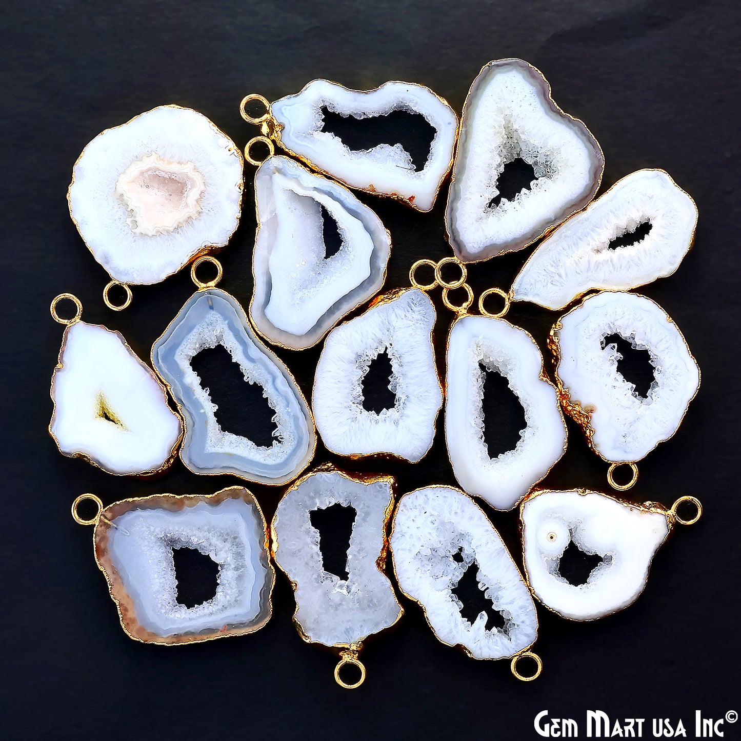 White Agate Geode Druzy 1-2 Inch Single Bail Gold Electroplated Gemstone Connector