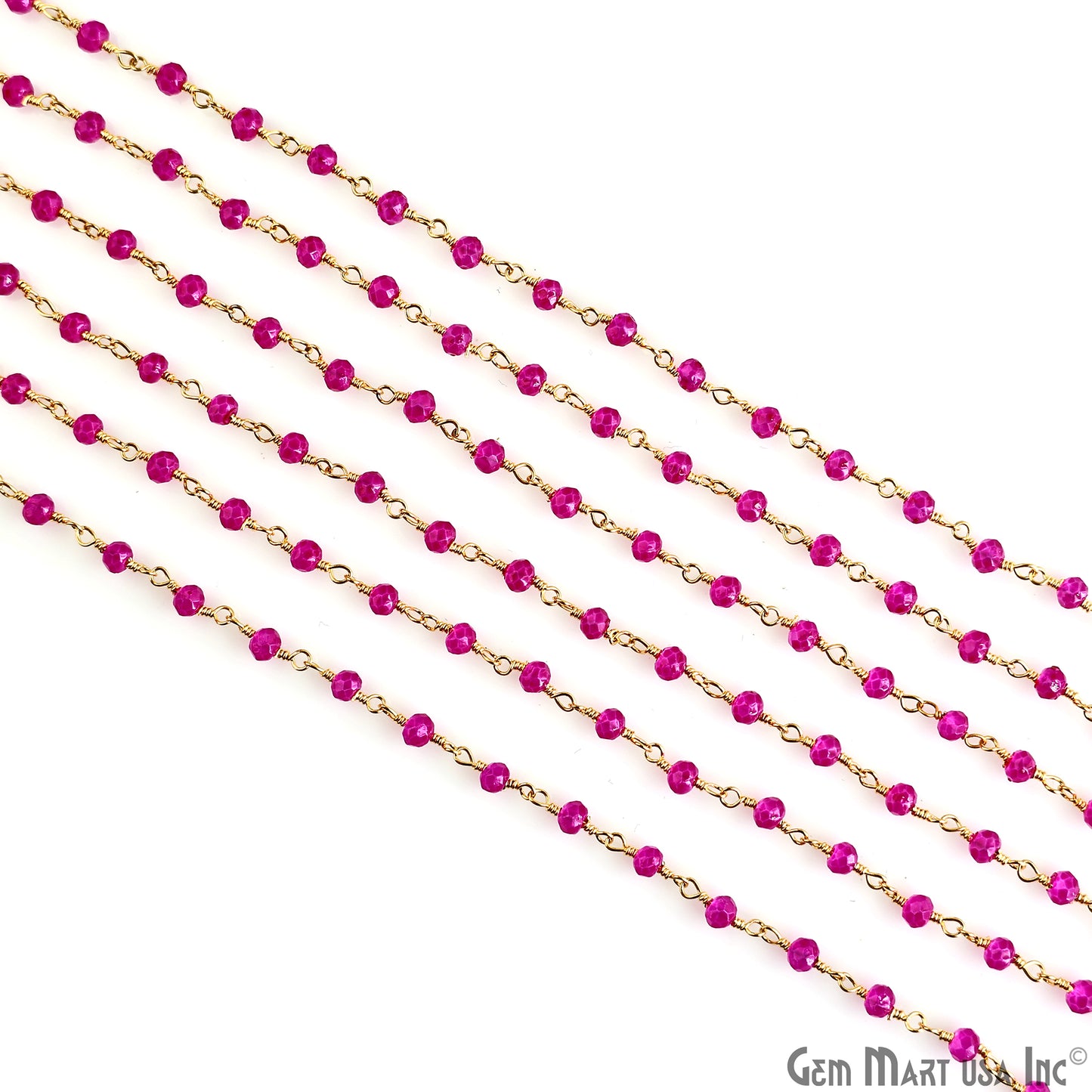 Hot Pink Jade Faceted Beads 3-3.5mm Gold Plated Wire Wrapped Rosary Chain