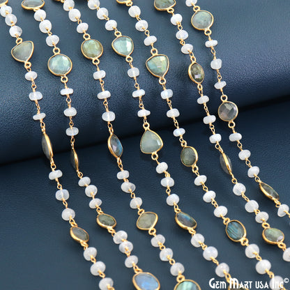 Labradorite & Rainbow Moonstone Beads Gold Plated Mix Shape Bezel Link Continuous Connector Chain