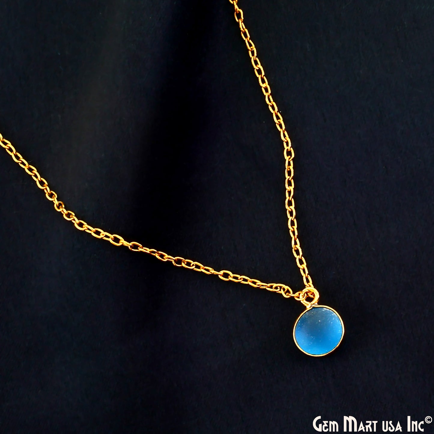 Swiss Blue Frosted Round 8mm Gold Plated Single Bail Bezel Gemstone Connector