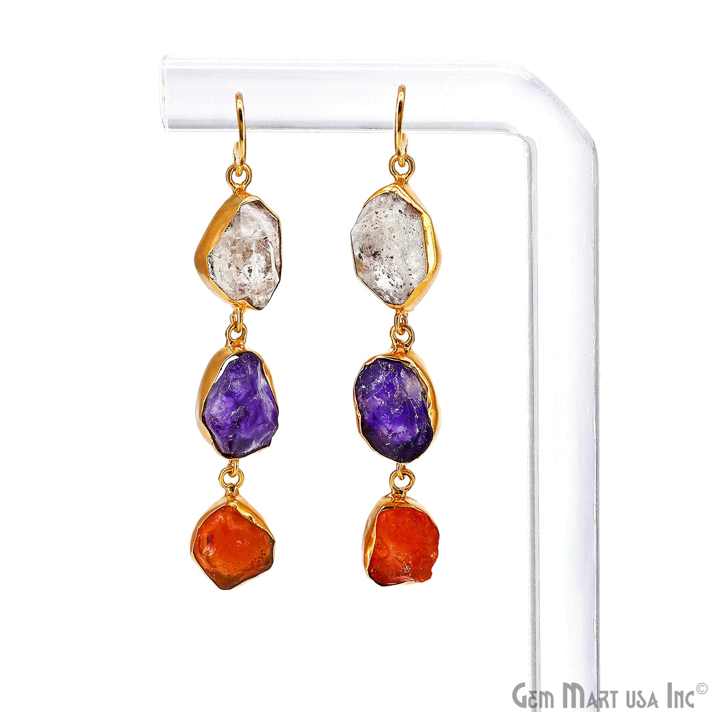 Rough Gemstone Bezel Setting 61x9mm Gold Plated Long Dangle Earring Pair Connectors