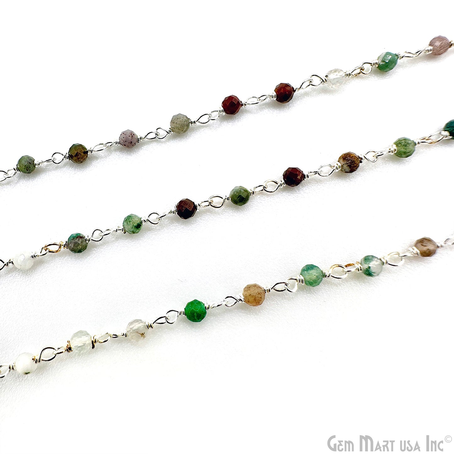 Moss Agate 2-2.5mm Tiny Beads Silver Plated Wire Wrapped Rosary Chain