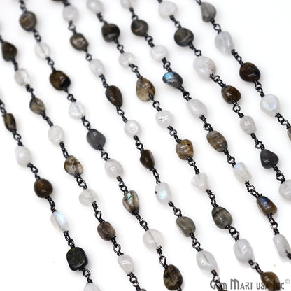 Rainbow Moonstone & Labradorite Tumble Beads 8x5mm Beads Oxidized Rosary Chain