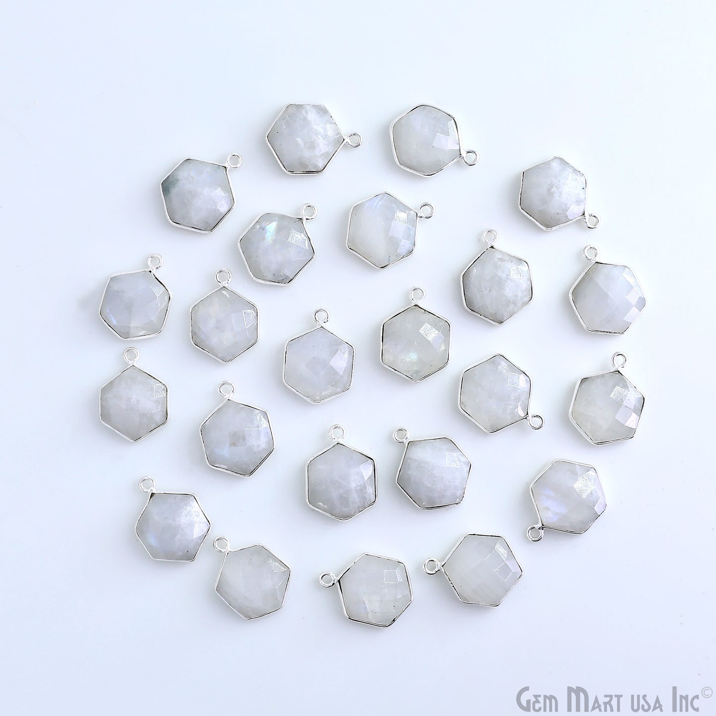 Rainbow Moonstone 20x13mm Hexagon Silver Plated Single Bail Gemstone Connector
