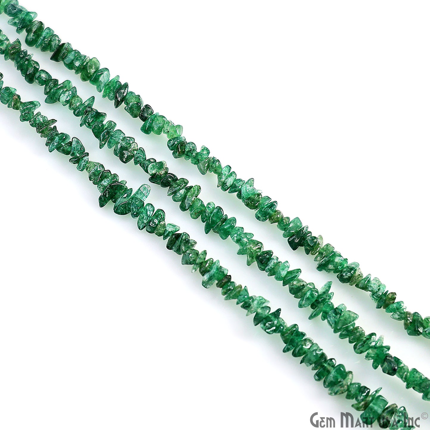 Green Aventurine Chip Beads, 34 Inch, Natural Chip Strands, Drilled Strung Nugget Beads, 3-7mm, Polished, GemmartUSA (CHAV-70001)