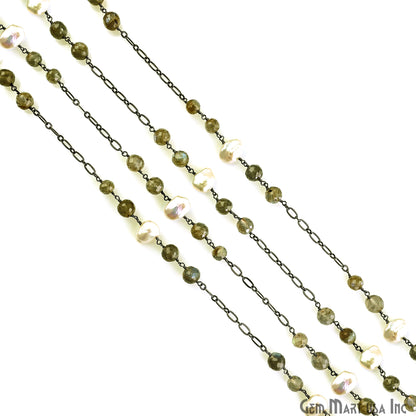 Labradorite & Pearl Round Beads Oxidized Finding Rosary Chain