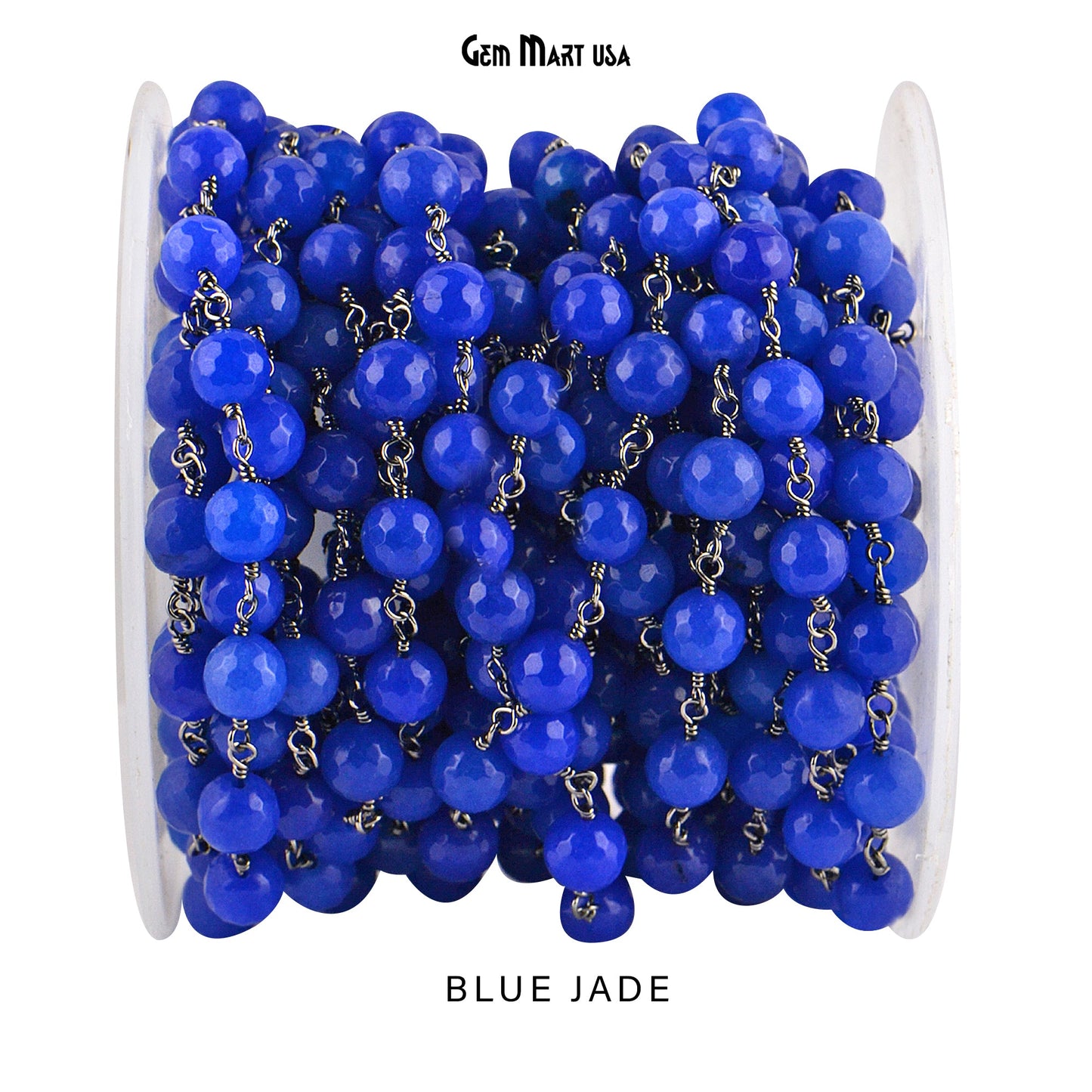 Dyed Jade Bead Faceted Crystal Round Rosary Chain Black Plating, 8mm, 1+ ft