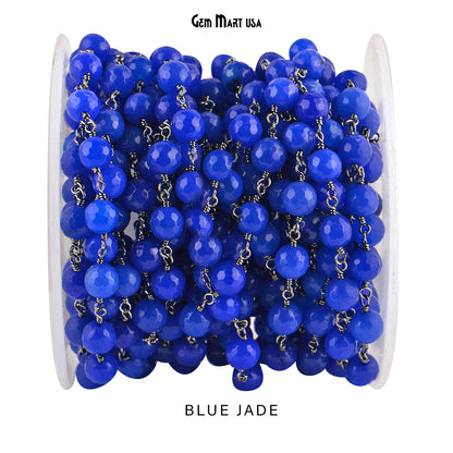 Dyed Jade Bead Faceted Crystal Round Rosary Chain Black Plating, 8mm, 1+ ft