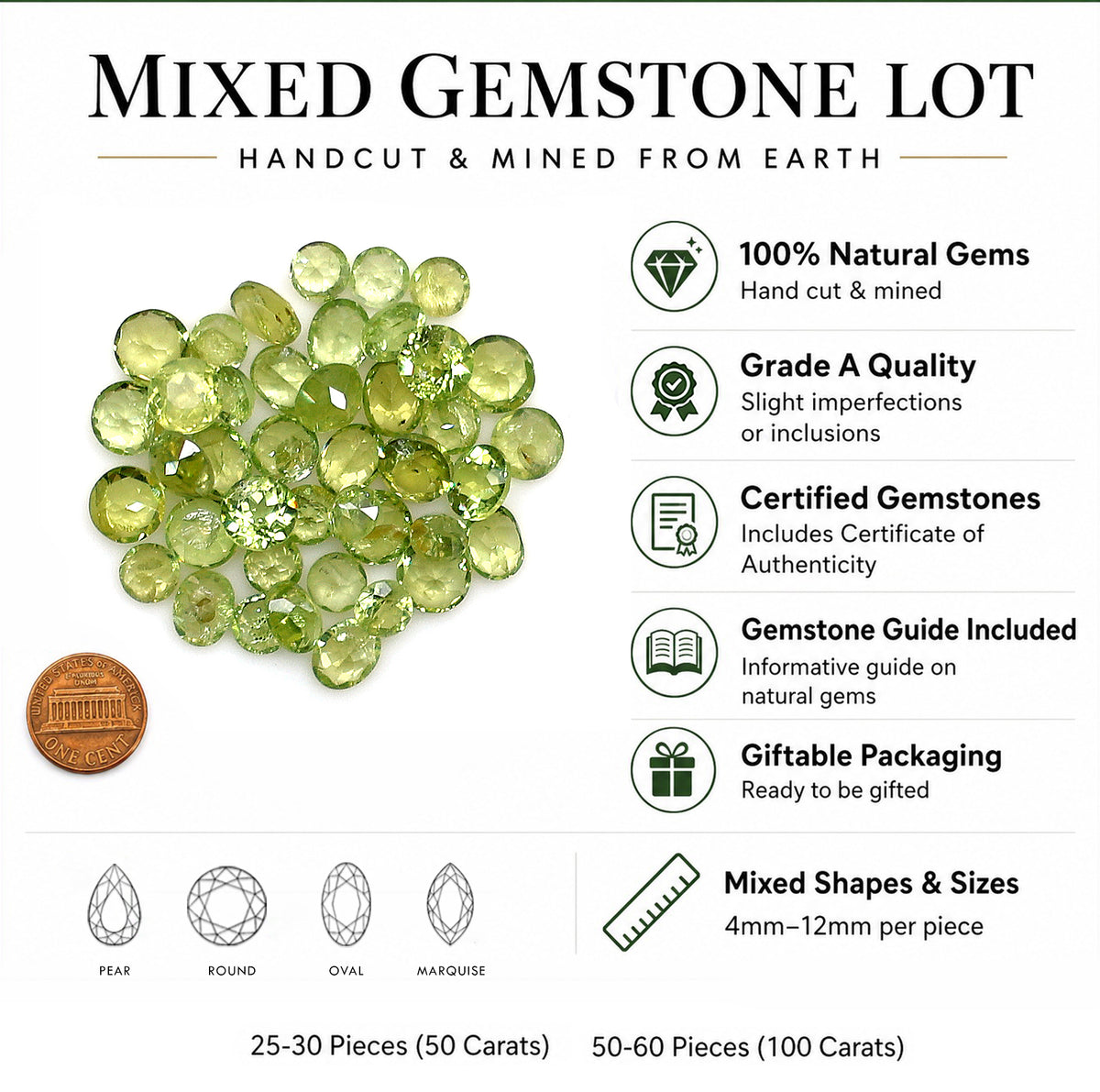 Peridot Wholesale Gemstones, 100% Natural Semi-Precious Gems, Green Faceted Loose Gems, 4-8mm, Mixed, 50 Carats