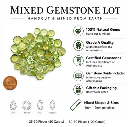 Peridot Wholesale Gemstones, 100% Natural Semi-Precious Gems, Green Faceted Loose Gems, 4-8mm, Mixed, 50 Carats