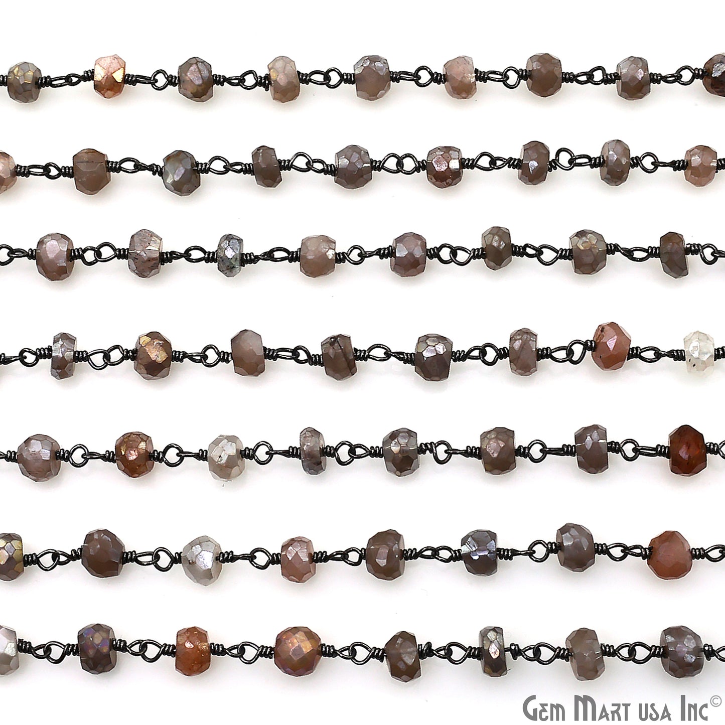 Coated Gray Moonstone Faceted 5-6mm Oxidized Wire Wrapped Beads Rosary Chain