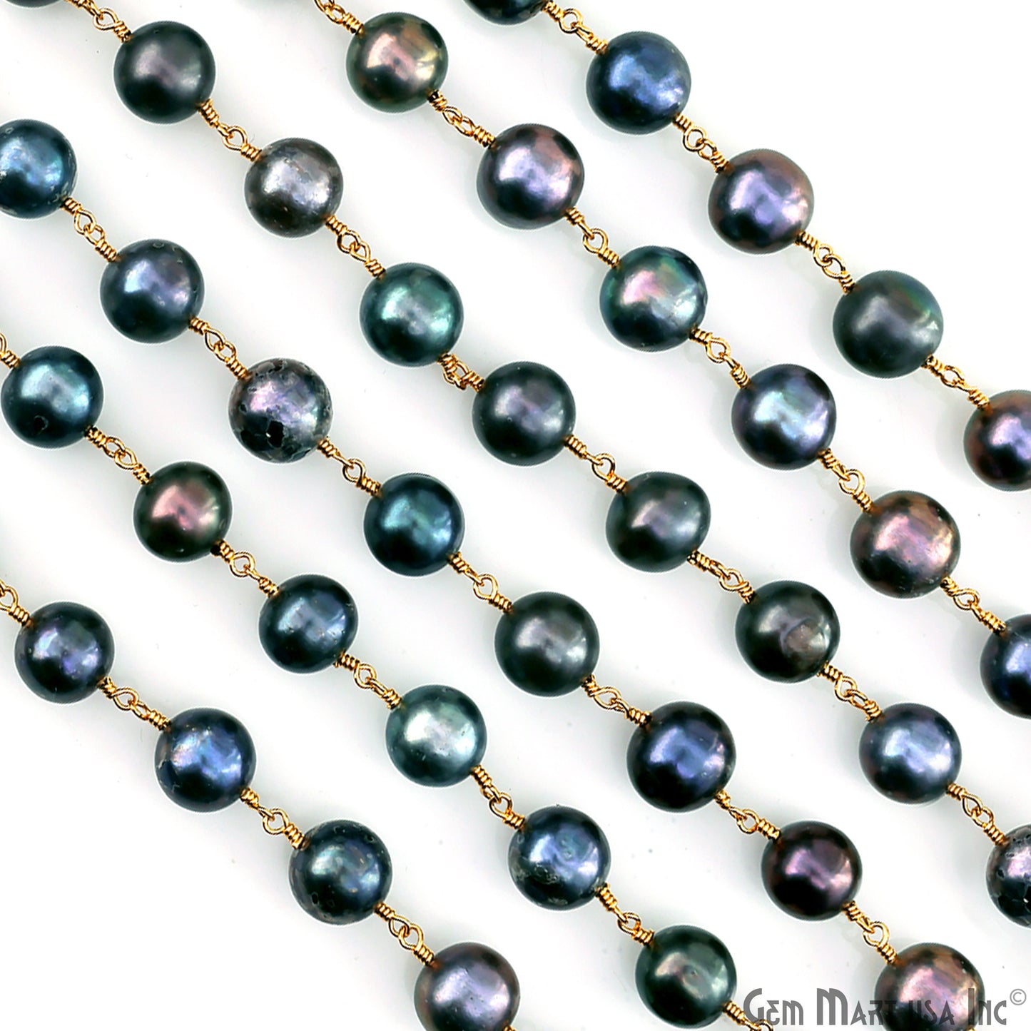 Black Pearl Cabochon Beads 9-10mm Gold Plated Gemstone Rosary Chain