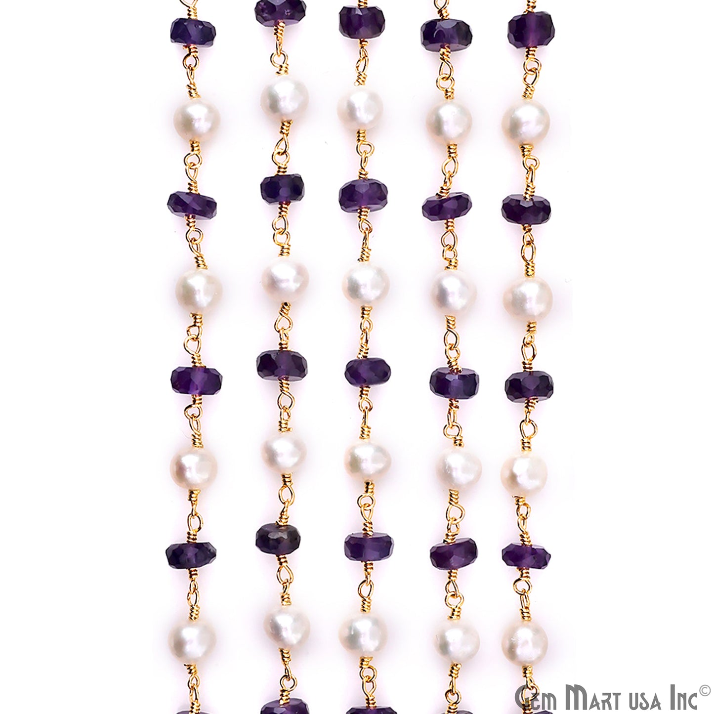 Amethyst With Pearl Gold Plated Wire Wrapped Beads Rosary Chain