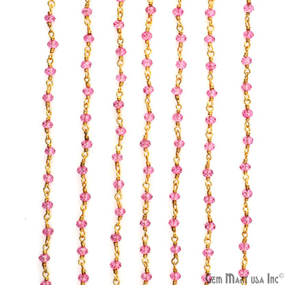 Pink Topaz 3-3.5mm Faceted Gemstone Beaded Gold Wire Wrapped Rosary Chain