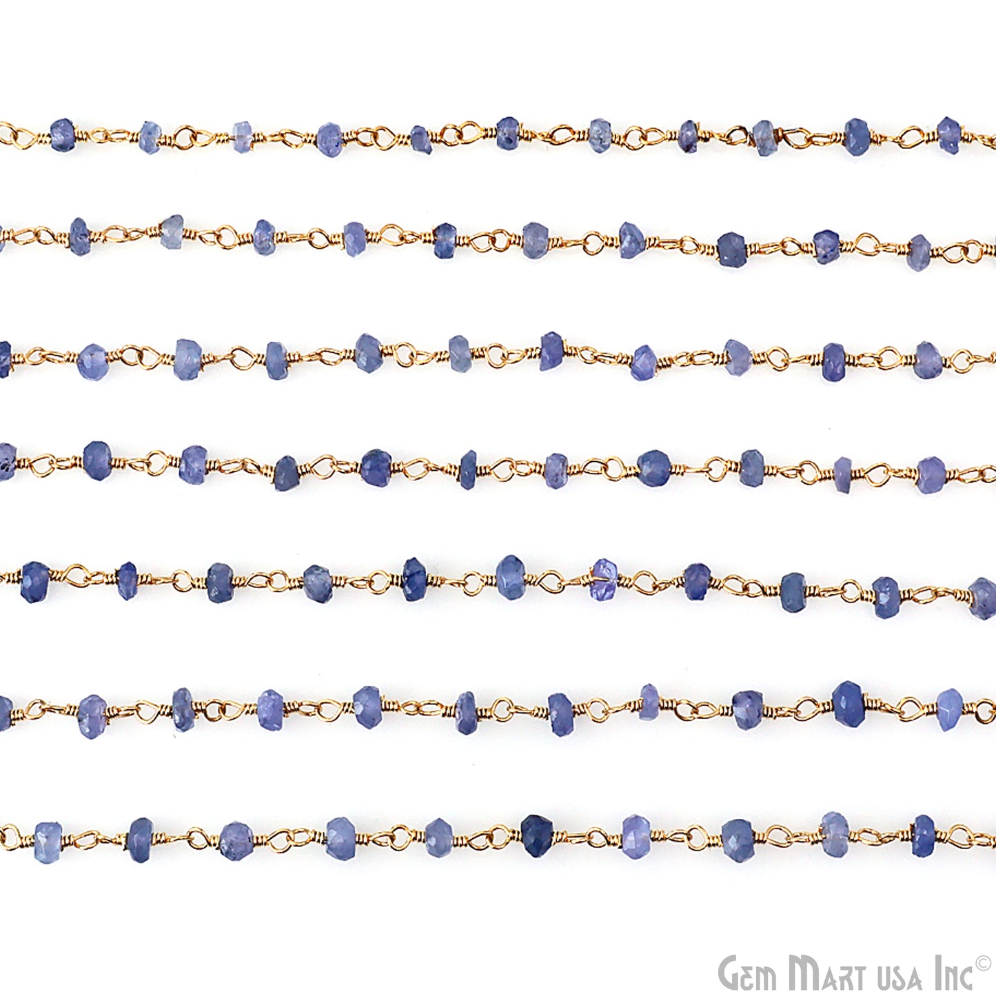 Natural Tanzanite 3mm Gold Plated Beaded Wire Wrapped Rosary Chain