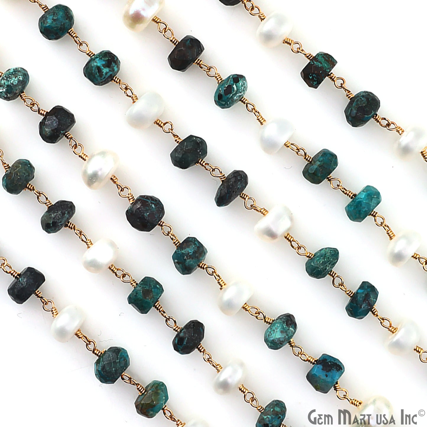 Chrysocolla & Pearl Rondelle Beads Gold Plated Wire Wrapped Rosary Chain