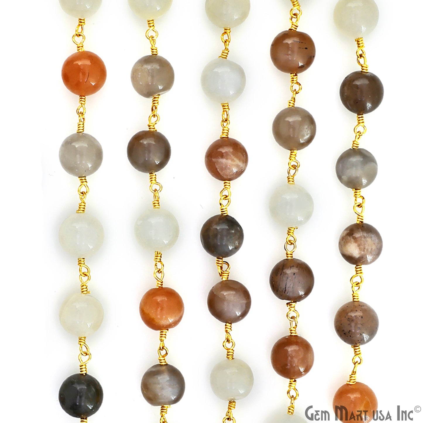 Multi Moonstone Cabochon Beads 8-9mm Gold Wire Wrapped Rosary Chain