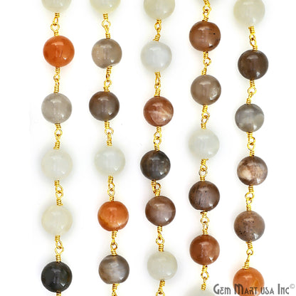 Multi Moonstone Cabochon Beads 8-9mm Gold Wire Wrapped Rosary Chain