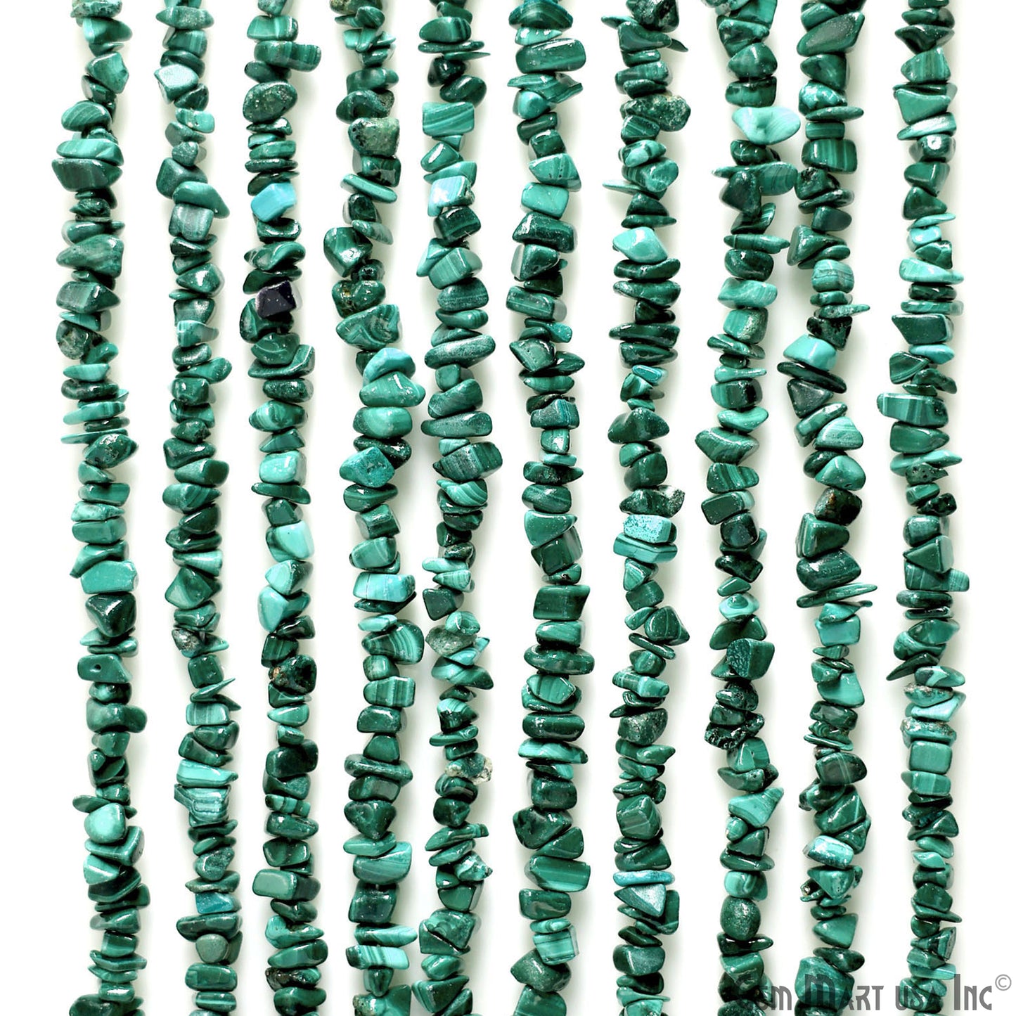 Malachite Chip Beads, 34 Inch, Natural Chip Strands, Drilled Strung Nugget Beads, 3-7mm, Polished, GemmartUSA (CHMC-70001)