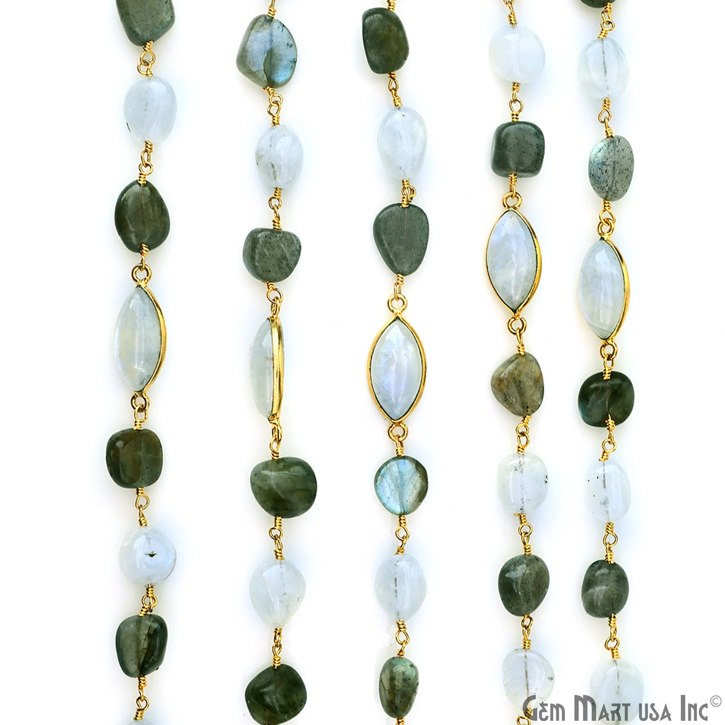 Labradorite & Rainbow Moonstone Tumble & Bezel Gold Plated Wire Wrapped Rosary Chain