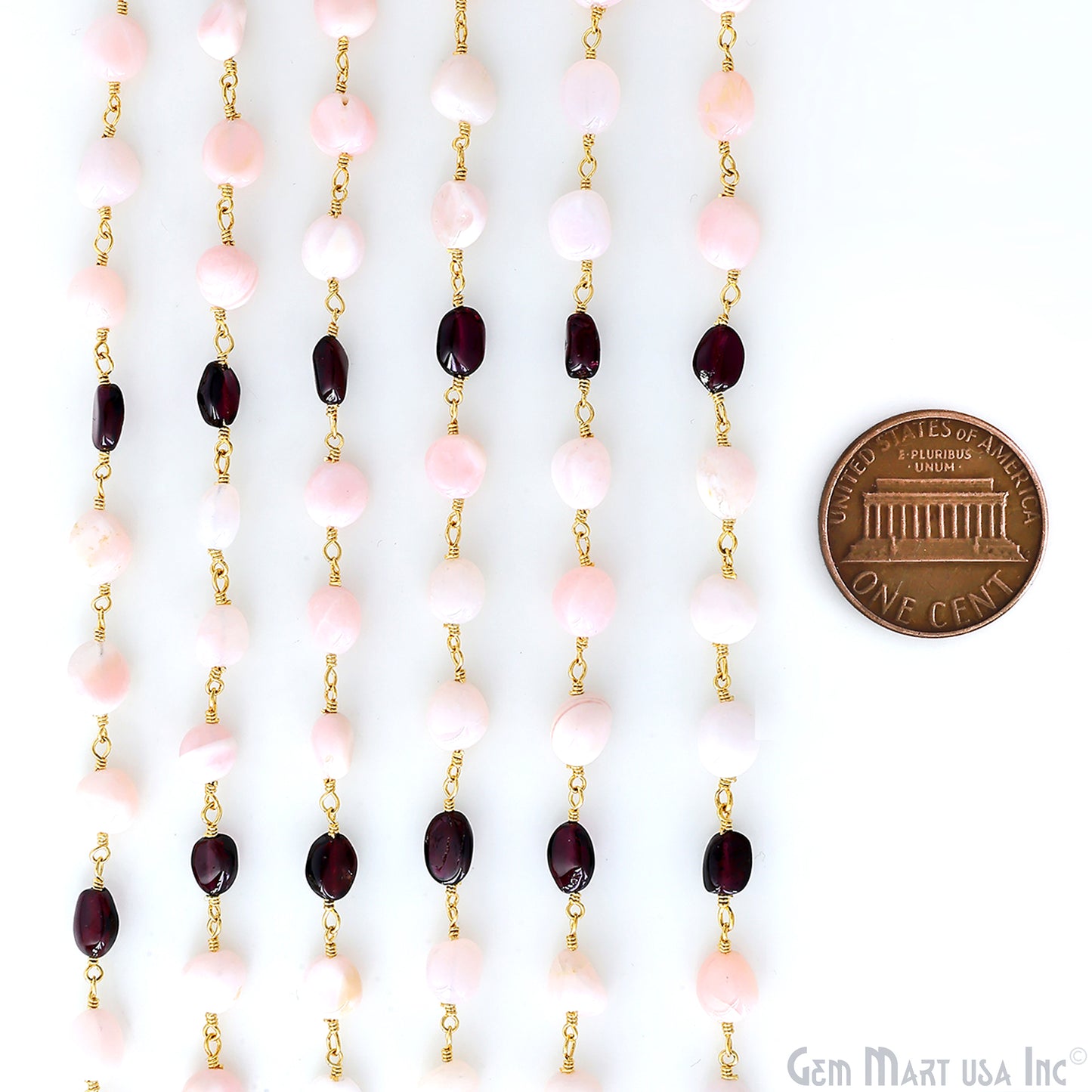 Pink Opal & Garnet Tumbled Beads 8x5mm Gold Plated Wire Wrapped Rosary Chain