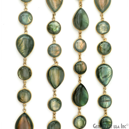 Labradorite Cabochon Round & Pears Shape Gold Plated Continuous Connector Chain
